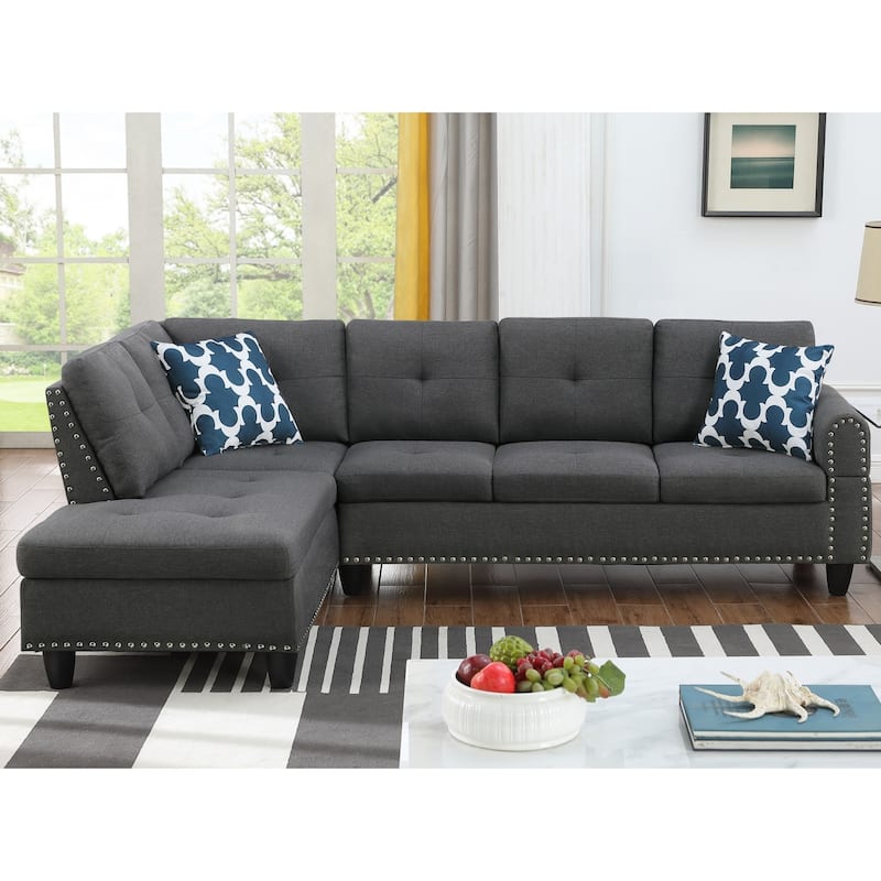 Modern Built-in Cup-holders Console Linen Sectional Sofa with 2 Pillows - Dark Grey