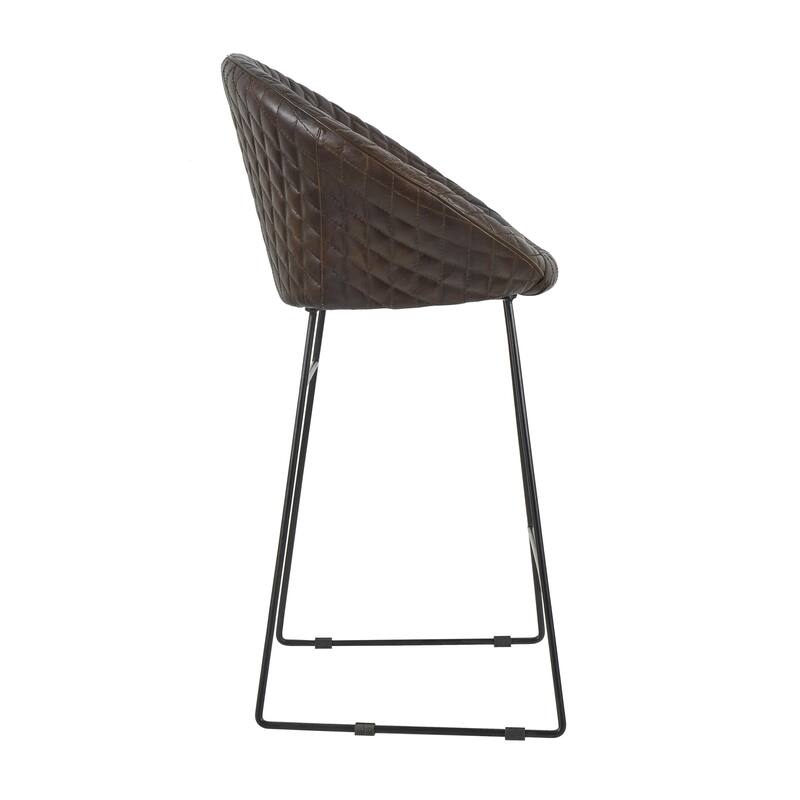 Leather Round Diamond Tufted Bar Stool with High Back and Black Metal Legs - Set of 2 Brown or Dark Brown - Roche River Decor