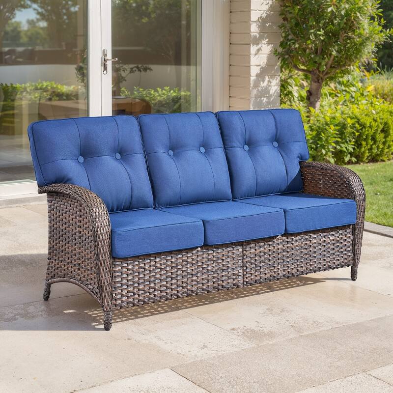 TWrap Brown Wicker Patio 3-Seat Sofa with 5-Inch Thick Cushions - Brown/Navy Blue - Brown
