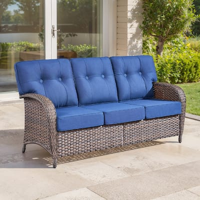 TWrap Brown Wicker Patio 3-Seat Sofa with 5-Inch Thick Cushions