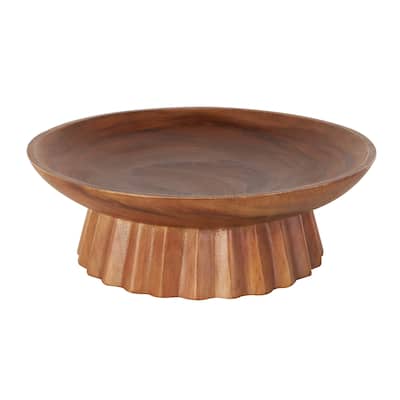 Teak Wood Handmade Decorative Bowl with Concaved Elevated Base - Brown - Roche River Decor - 17"W x 17"L x 6"H