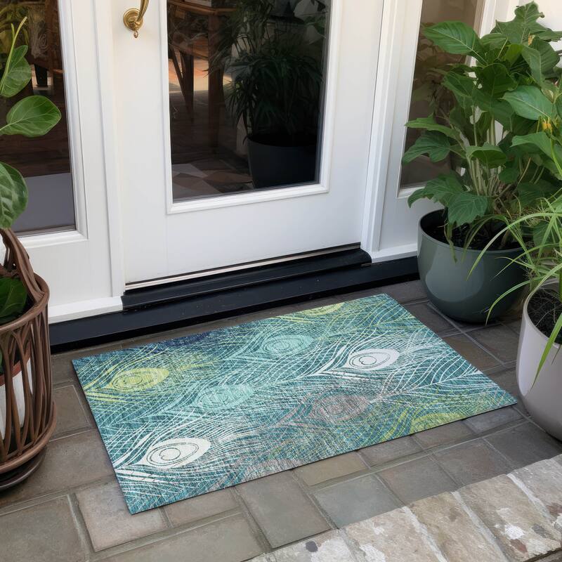 Machine Washable Indoor/ Outdoor Modern Peacock Chantille Rug - Teal - 1'8" x 2'6"