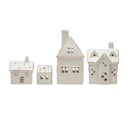 Stoneware Village with LED Lights and Gold Electroplating - 3.5"L x 3.4"W x 6.3"H