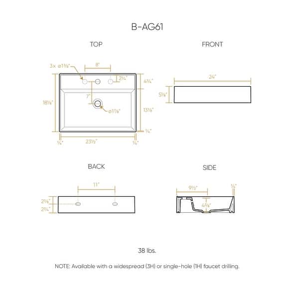 dimension image slide 2 of 3, Rectangular Wall Mount Basin with Faucet Drilling Options and Overflow