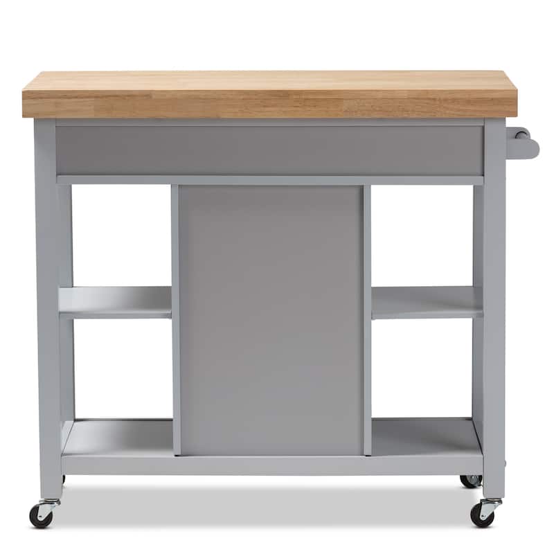Kitchen Cart with Storage - Light Grey Wood Rolling Island, Farmhouse Style, 4 Shelves, 2 Drawers