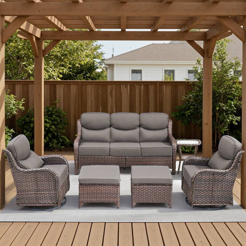 Meyreso 6-Piece Wicker Patio Conversation Set with Swivel Gliders and 6-Inch Thick Olefin Cushions - Brown Wicker - Gray Cushions