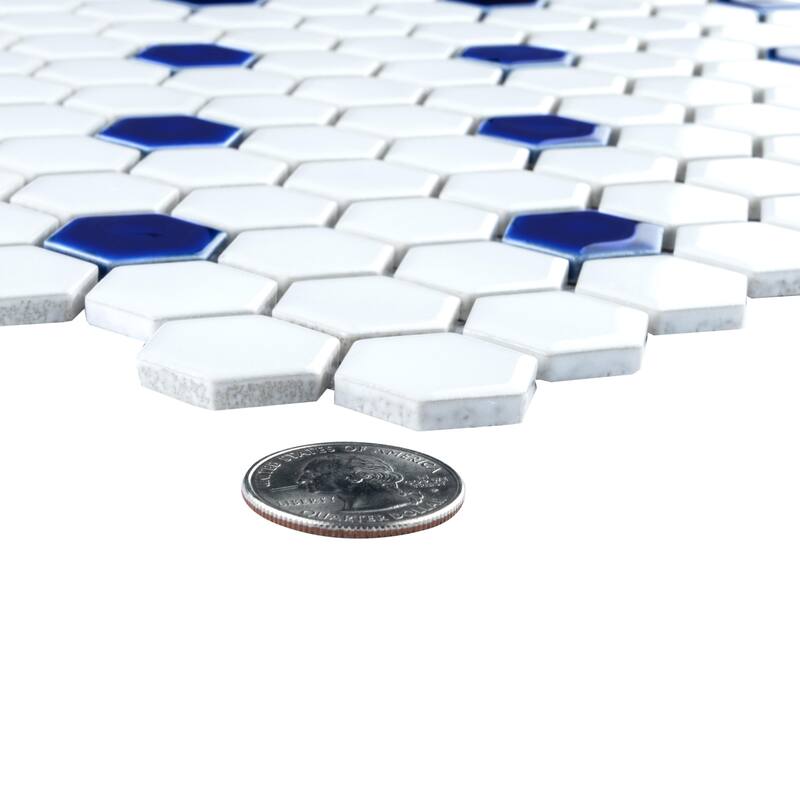 Merola Tile Metro Ion 1" Hex Sapphire Dot w/Glossy White 10-1/4" x 11-7/8" Porcelain Mosaic Floor and Wall Tile
