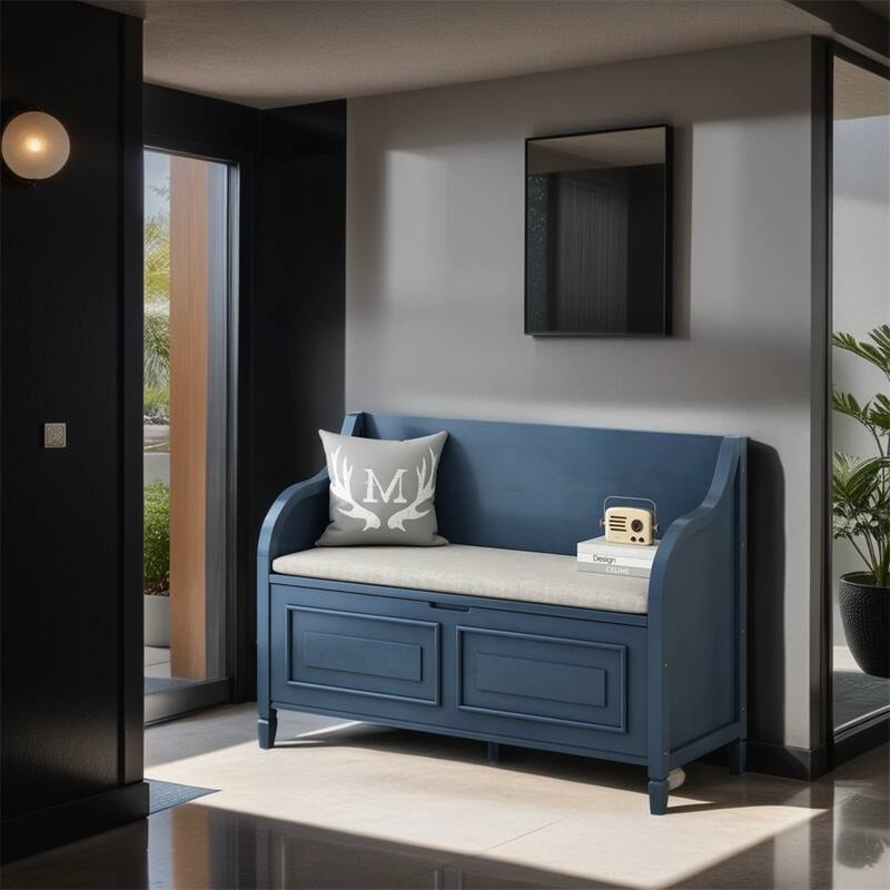 Solid wood Entryway Multifunctional Storage Bench with Safety Hinge - Antique Navy