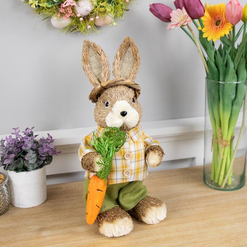 Rustic Boy Rabbit with Carrot Easter Figure 13.75" Brown Yellow