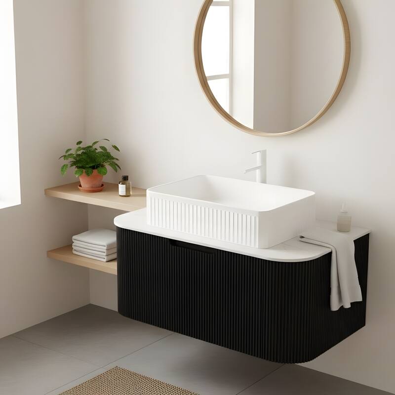 Wall Mounted Bathroom Vanity with White Rectangular Ceramic Basin