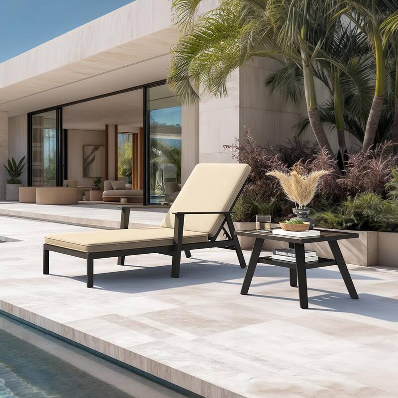 PURPLE LEAF Adjustable Chaise Lounge - Thick Cushioned Outdoor Recliner with Side Table, for Patio, Beach & Backyard (Khaki) - 2 Pcs Beige (1 Chair & 1 Table)