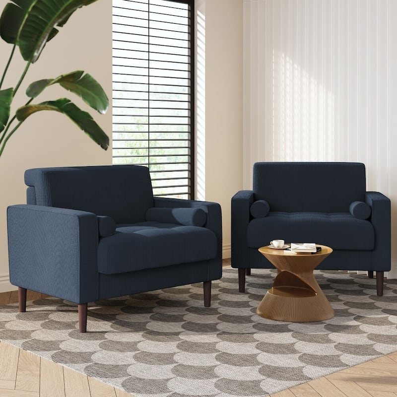 Modern Upholstered Accent Chairs, Corduroy Wide Armchairs For Living Room - Set of 2 - Navy Blue/Set