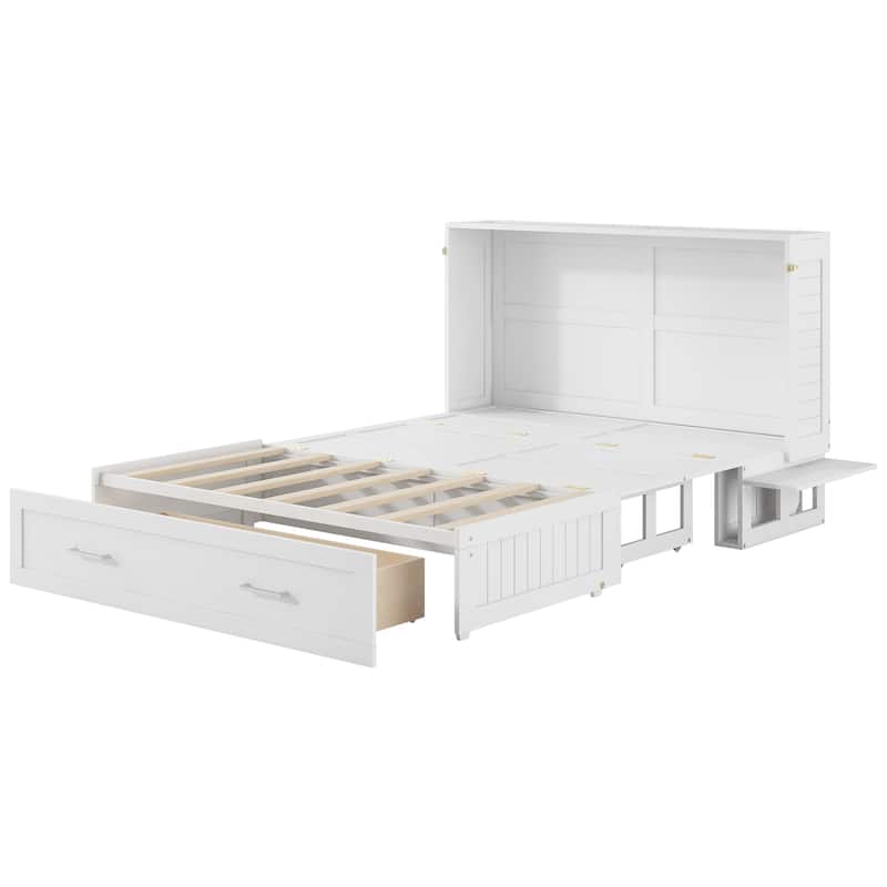 Queen Size Mobile Murphy Bed with A Big Storage Drawer, Solid Pinewood Murphy Cabinet Bed with Little Shelves on Each Side