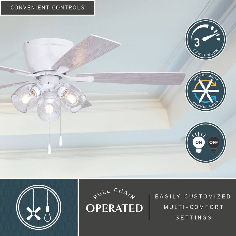 Brayton Transitional 3-Light Flush Mount Ceiling Fan with Light Kit, Pull Chain, Reversible Blades
