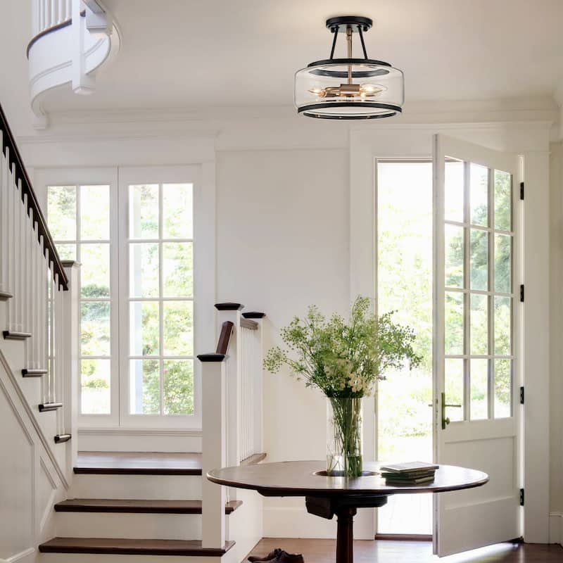 3-Light Industrial-style Black Lantern Glass Semi Flush Mount