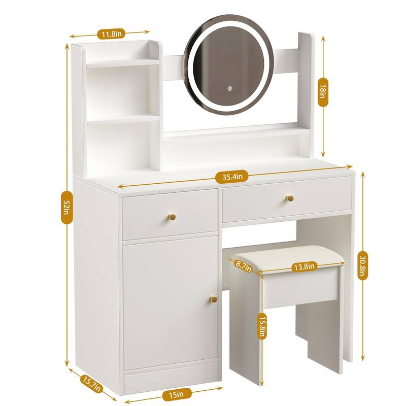 Bedroom Makeup Vanity Desk with Touch LED Light Mirror, Dressing Table with Upholstered Vanity Stool, White