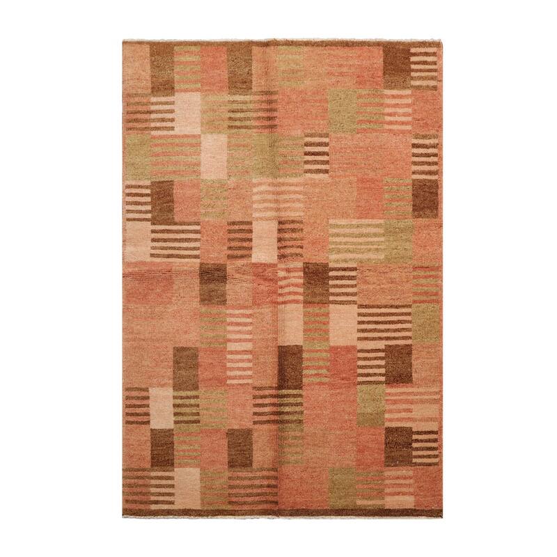 Hand Knotted Rose, Beige Tibetan 100% Wool Modern Oriental Area Rug - 4' 1'' x 6' 2''
