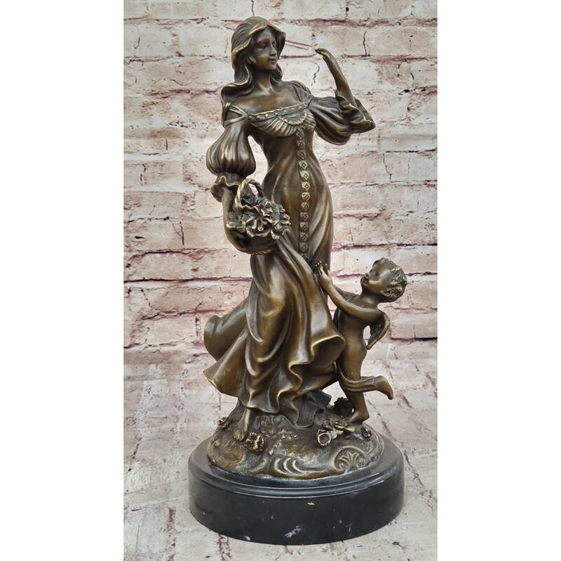 Young Woman W/ Flower Basket Winged Cherub Child - Bronze Sculpture By Milo