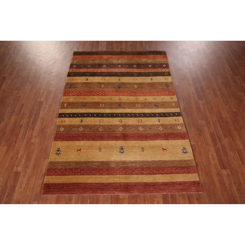 Animals Striped Gabbeh Indian Area Rug Handmade Wool Carpet - 5'3"x 7'10"