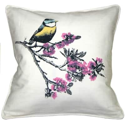 Bird on Cherry Blossom Branch Cotton 16x16 Throw Pillow with Polyfill Insert