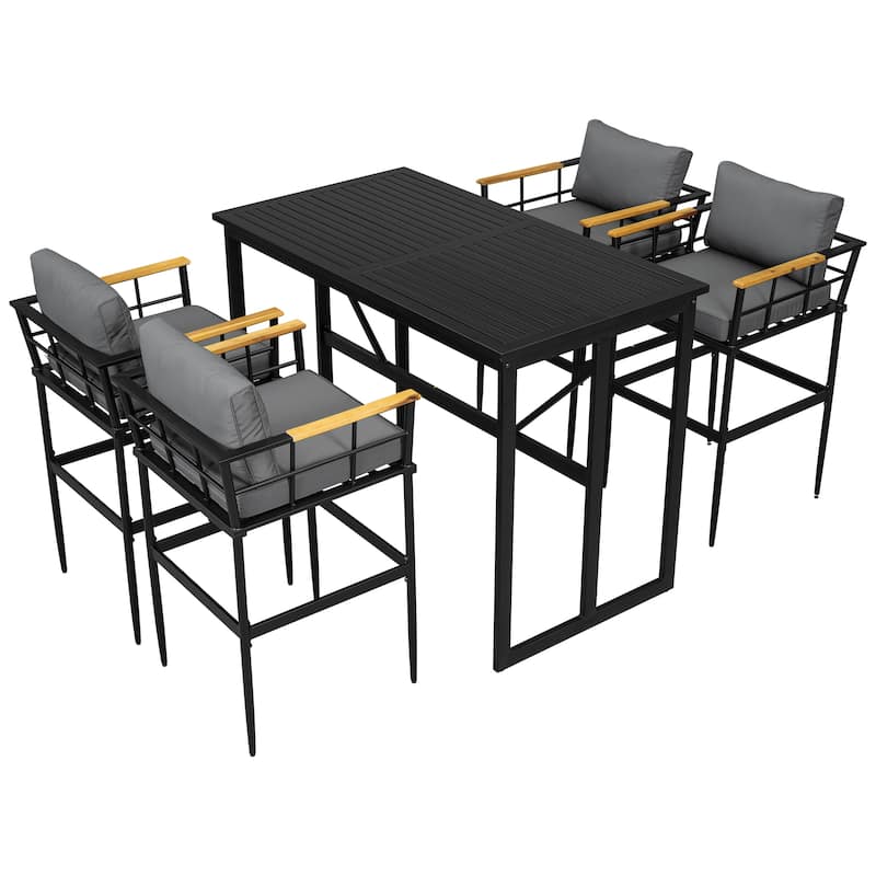 5-Piece Outdoor Iron Counter Height Dining Set with Table and 5 Acacia Wood Armrest Chair