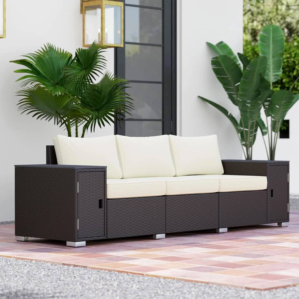 3 Seater Storage Sofa, Deep Seat Wide Armrests PE Rattan Patio, Cream