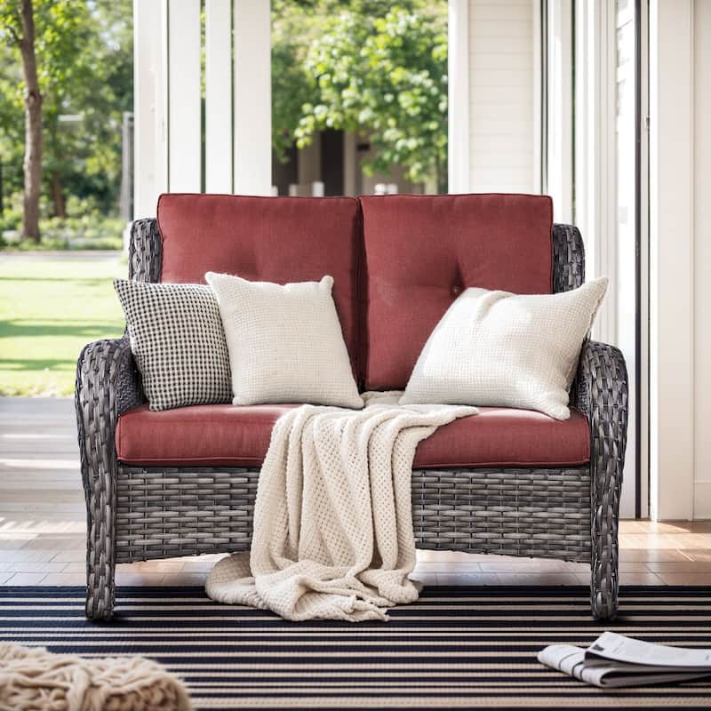 Gymojoy 2-Seat Patio Loveseat, Stylish Outdoor Sofa with Water-Resistant Olefin Cushions - Grey Wicker / Red Cusion - 1-Piece