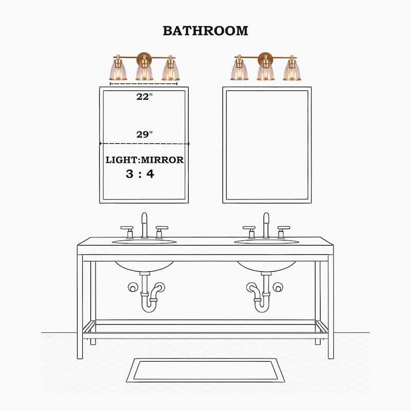 Modern Glam Gold 3-Light Bathroom Vanity Light Bowl Glass Wall Sconces - L 22" x W 7" x H 10"