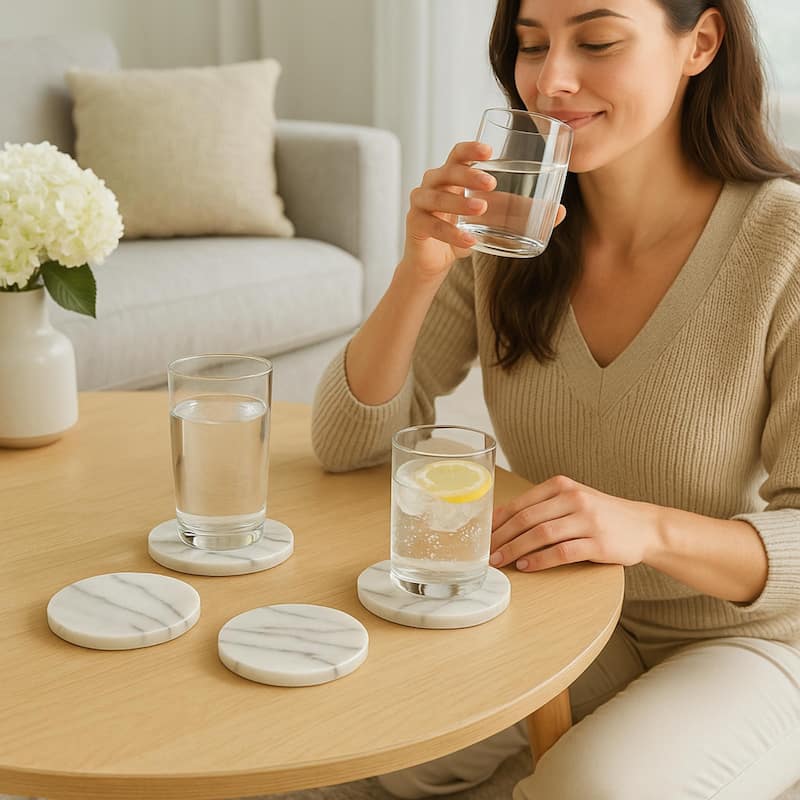 Creative Home White Marble Round Coaster Set (Set of 4)