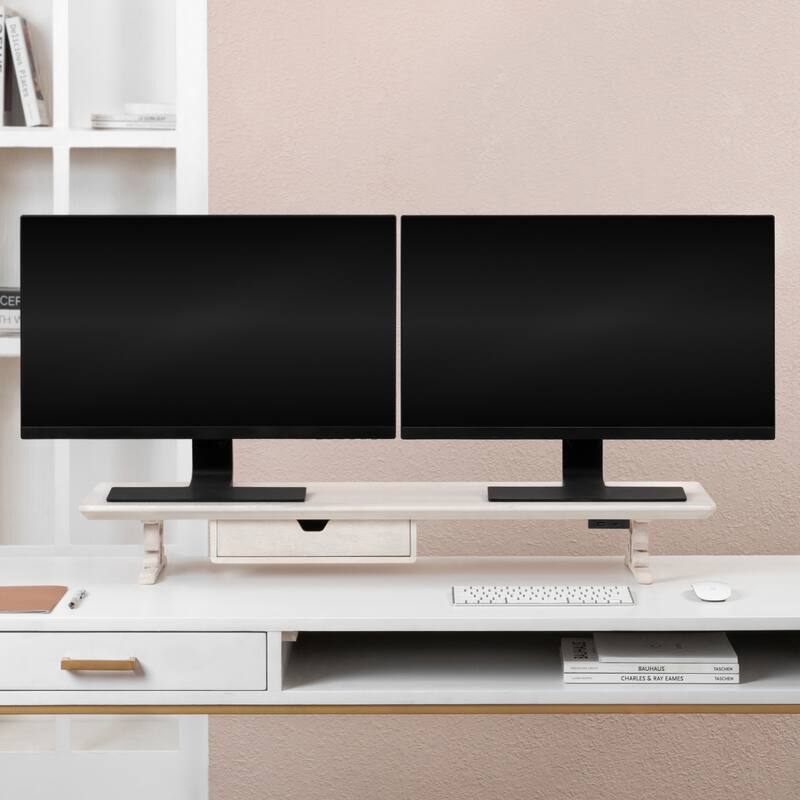 Jani Wood Monitor Stand Riser Desk - Ergonomic Design Stand, Desktop Organizer Table for Home, Office Workspace, Gaming Desk - Off-White