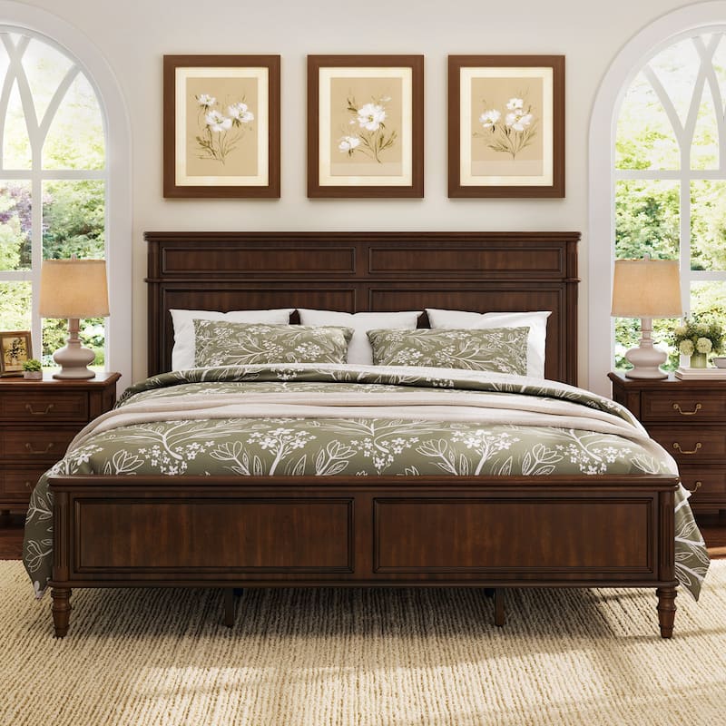 Queen/King Size Classic Wooden Bed Frame with Raised Panel Headboard and Footboard - Dark Walnut/King - Queen