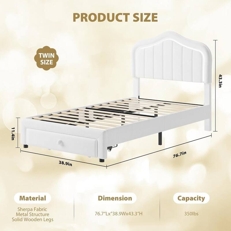 Twin Upholstered Platform Bed Frame with LED Lights & Storage Drawer, Easy Assembly