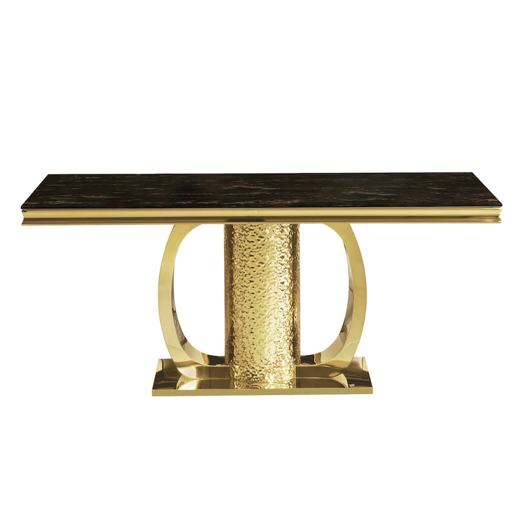 Gold stainless steel dining table 70.08 inch black tempered glass top with sticker