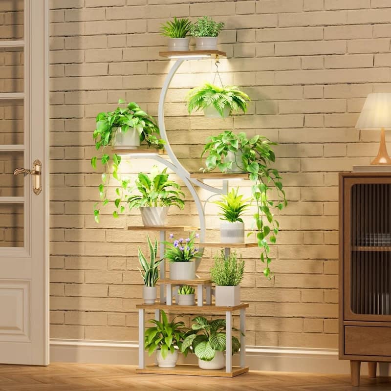 Wood Metal 8-Tier Indoor Plant Stand with S-Shape and Grow Lights - 19.6'' W X 10.2'' D x 62'' H