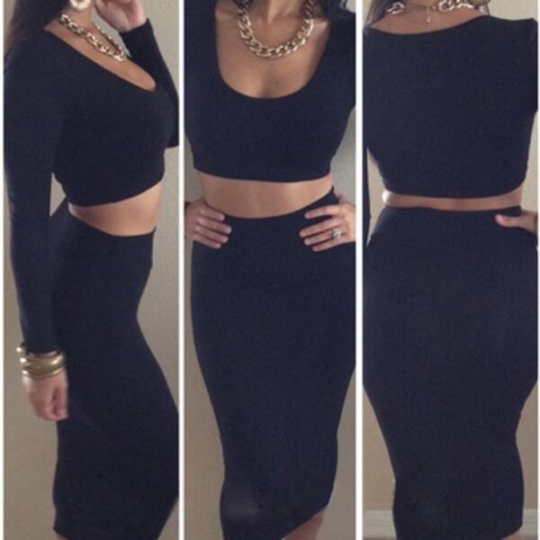 Shop Black Long Sleeve Bodycon Two Piece Dress Overstock 27069961
