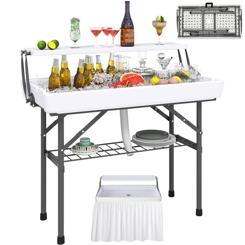 Portable Two-Tier Ice Table Folding Ice Cooler Table with Drain and Detachable Skirt