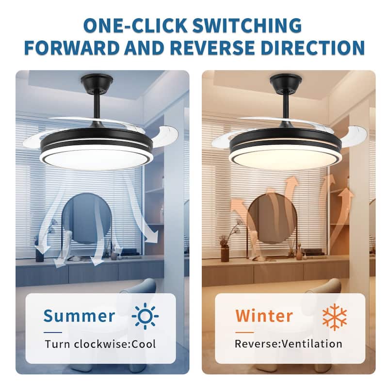 42" Crystal Ceiling Fan with Light & Remote, Retractable LED Blades, 3 Colors & 6 Speeds