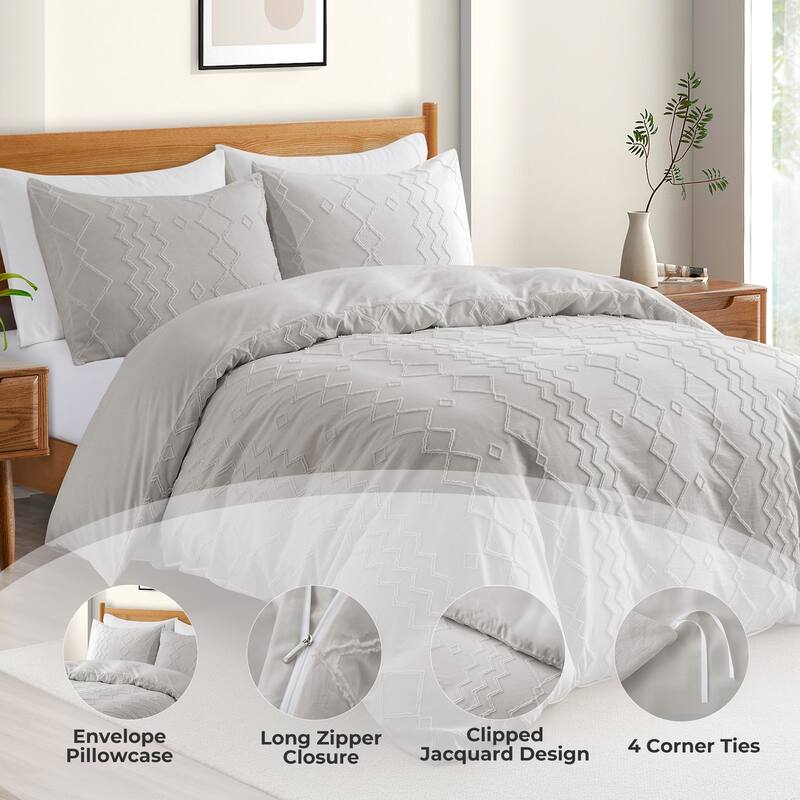 Clipped Jacquard Geometric Duvet Cover & Pillowcase Set - Light Gray/Diamond - King