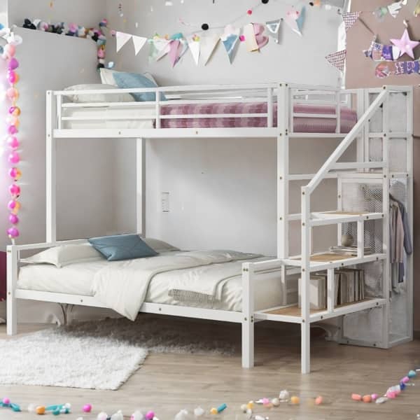 slide 2 of 24, Twin over Full Metal Bunk Bed with Storage Staircase and Small Open Wardrobe White