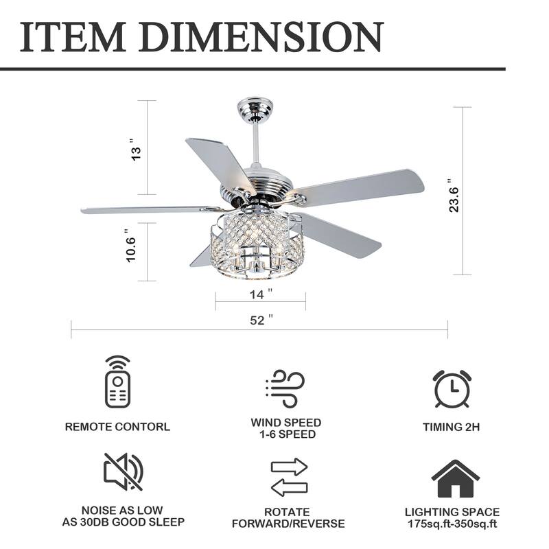 52in. Nickel 6-speed Reversible Crystal Ceiling Fan with Light and Remote - 52