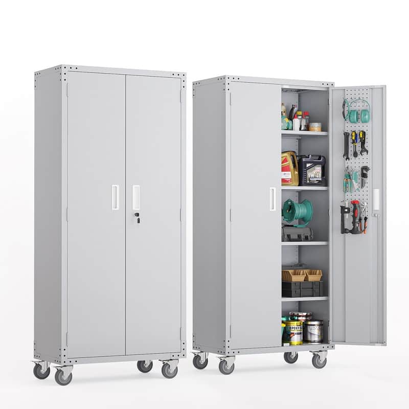 Steel Tool Storage Cabinet with Wheels and Hole Plate - Grey