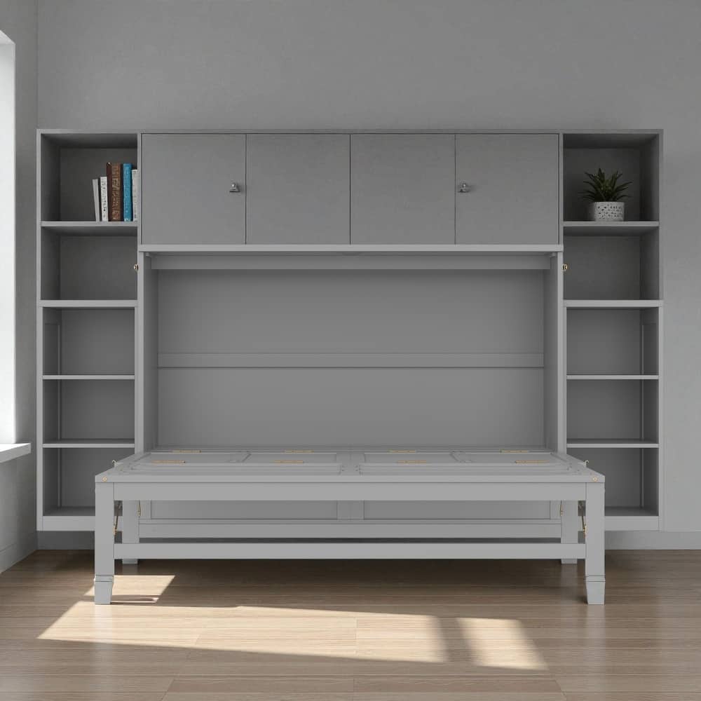 Full/Queen Size Murphy Bed with Storage Drawers and Shelves, Space-Saving Foldable Wall Bed for Guest Room