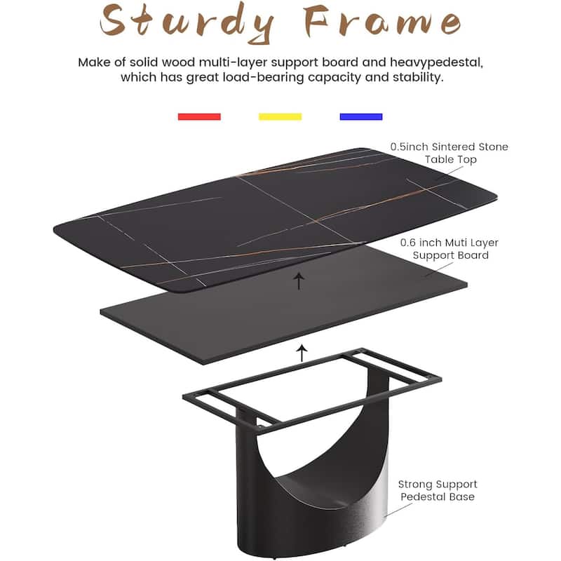 71" Black Marble Sintered Stone Table Top,Rectangle Dining Room Table with Unique U-Shape Black Carbon Steel Pedestal