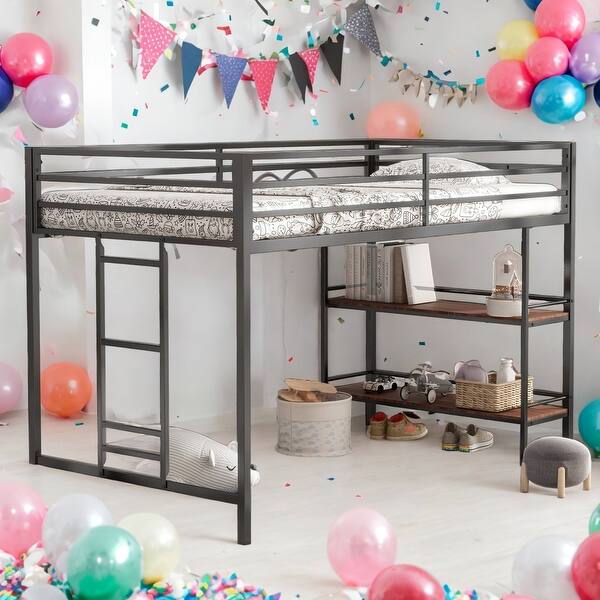 slide 2 of 12, Twin Size Metal Loft Bed,Junior Twin Loft Bunk Black With Cinnamon Wood Shelf,Easy Assembly Black