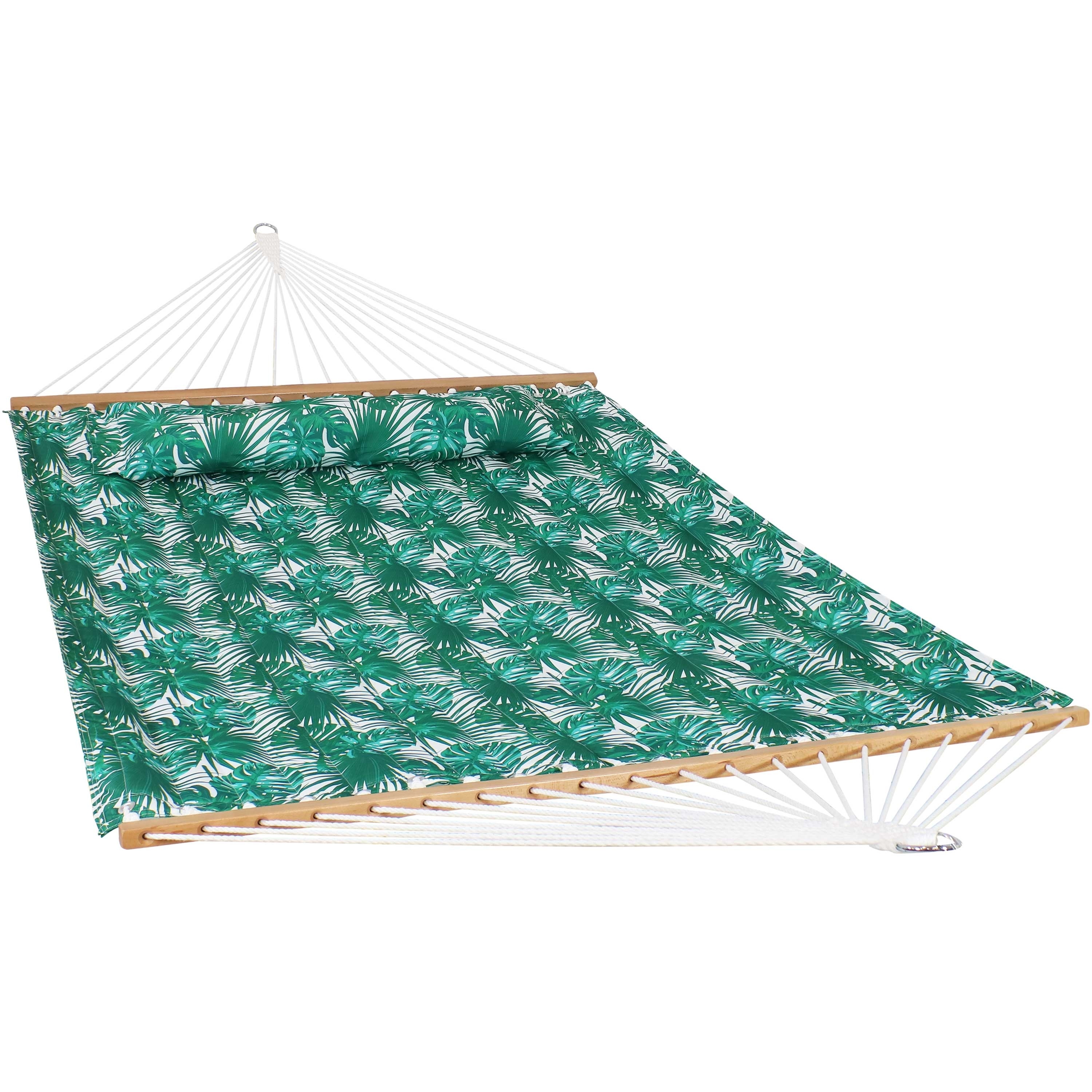 Sunnydaze Decor 2-Person Fabric Spreader Bar Hammock and Pillow - Green Palm Leaves