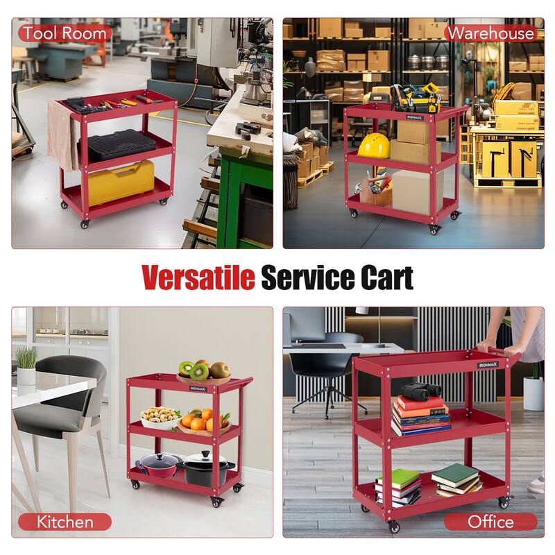 Gymax 3-Tier Rolling Tool Cart w/ 3 Spacious Shelves 4 Universal