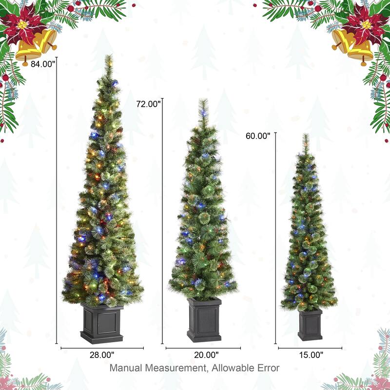 Glitzhome Set of 3 Pre-Lit Green Cashmere Pine Christmas Tree in Planter Artificial Decoration 5FT/6FT/7FT