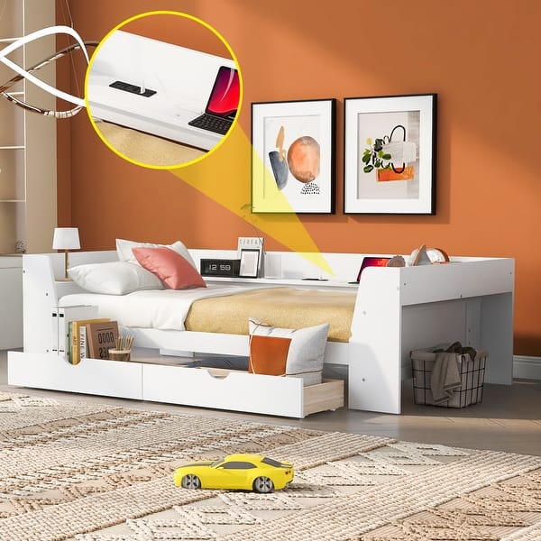 slide 2 of 16, Twin Size Pine Daybed w/ Shelves, Drawers, Built-In Charging Station White