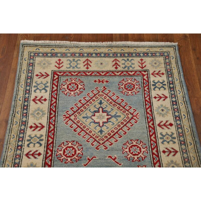 Light Blue Kazak Runner Rug Hand-Knotted Geometric Wool Carpet - 2'7" x 13'1"