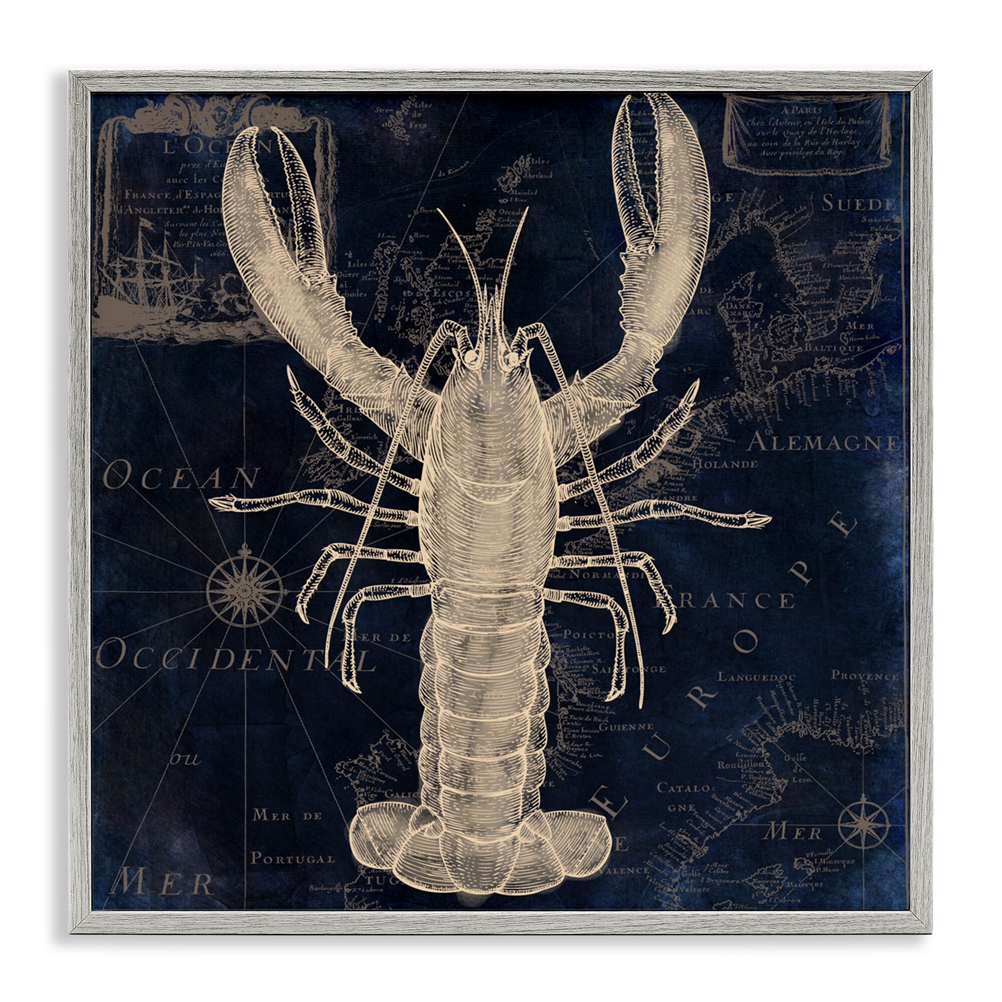 Stupell Lobster Contour over Map Framed Giclee Art Design By Sasha